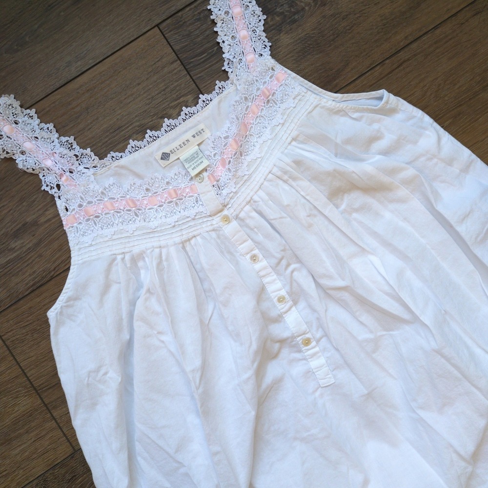 Eileen West Long Cotton Nightgown White Lace Sleeveless Lightweight Coastal M